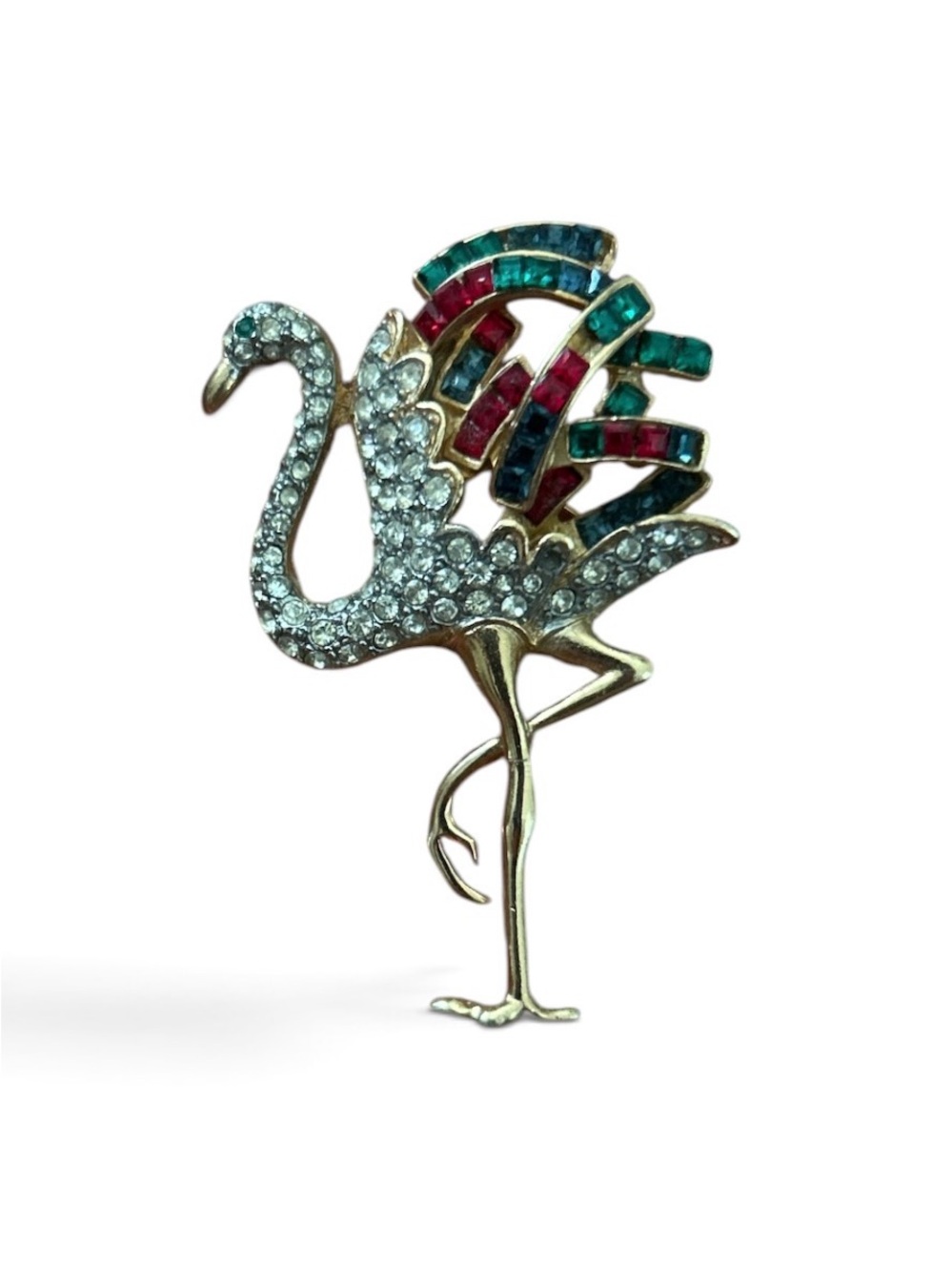 Crystal-Accent Flamingo Brooch in Clear, Green & Red